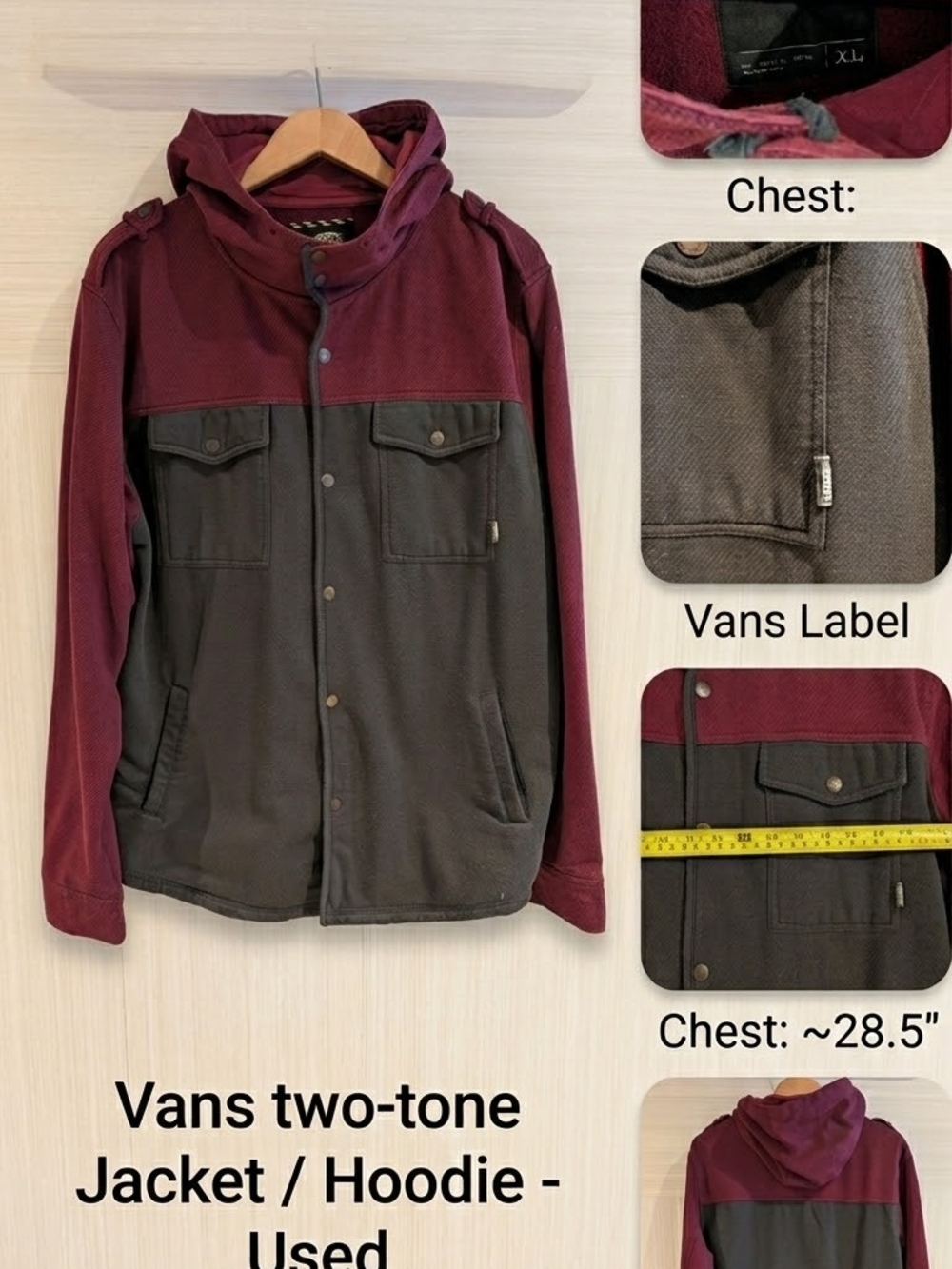Vans Two-Tone Hooded Shirt Jacket in Burgundy & Charcoal